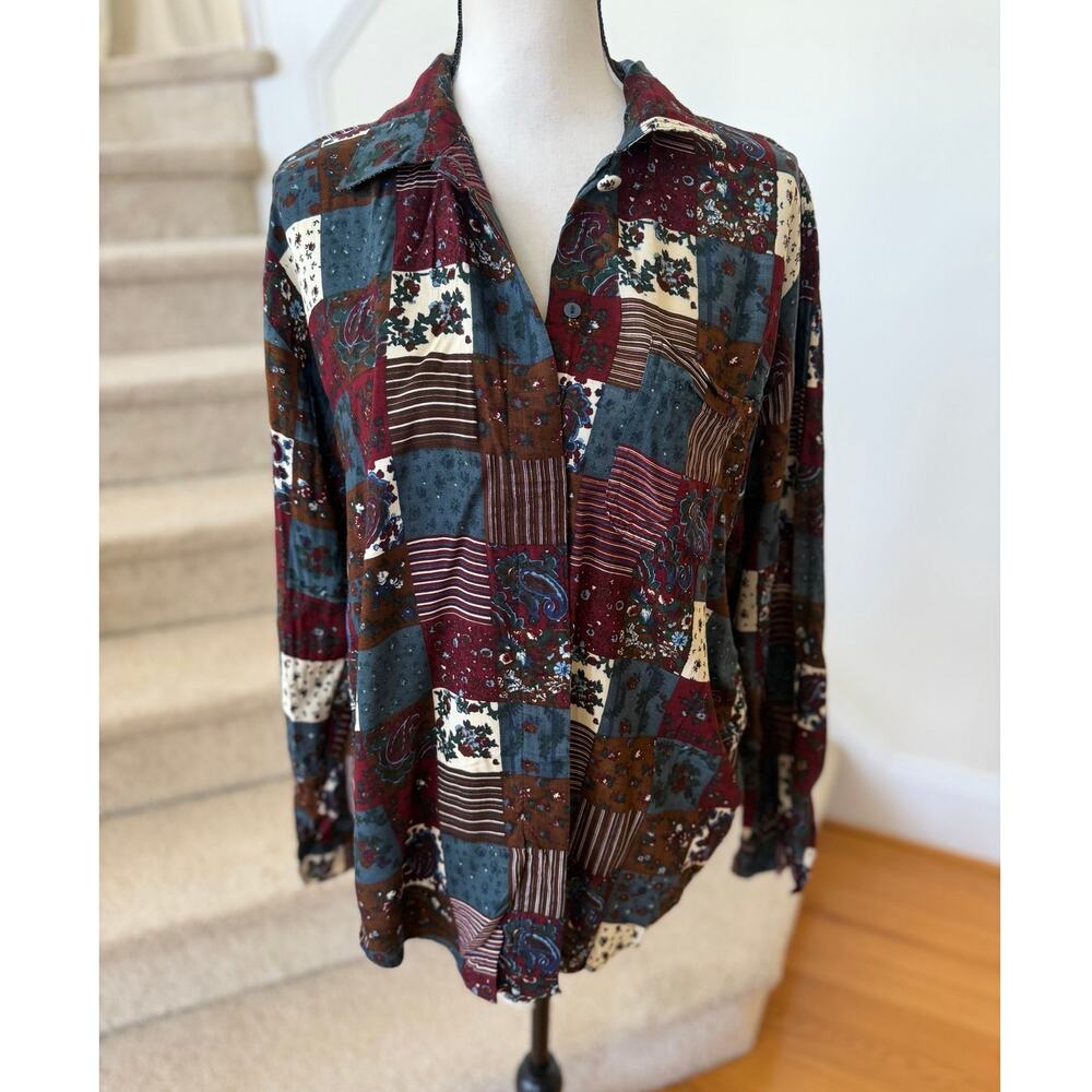 Vintage 90s Navy Burgundy Floral Patchwork Check Plaid Button Down Shirt Western